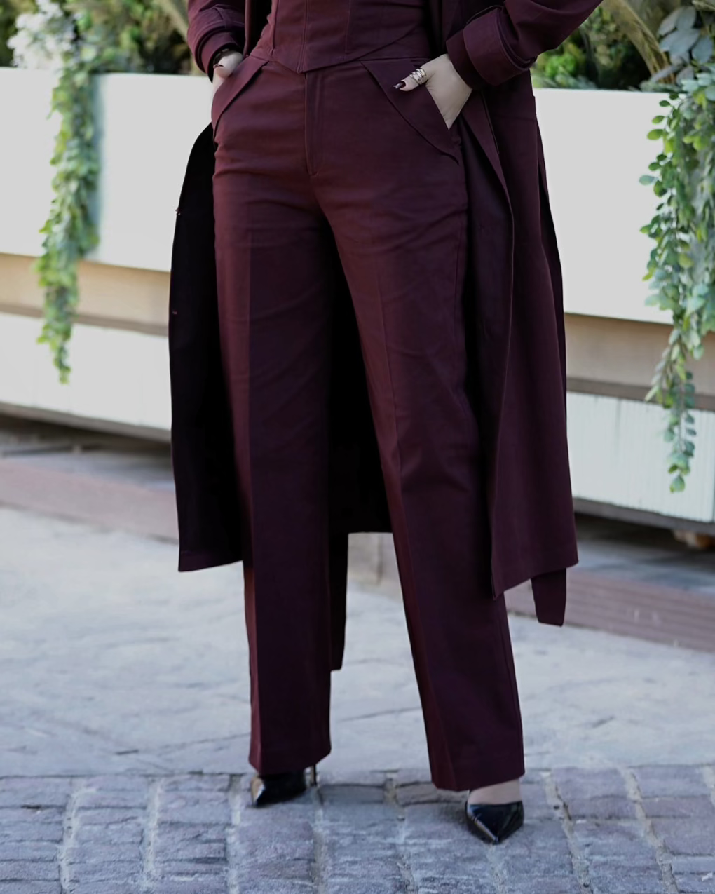 Burgundy High Waisted Tailored Trouser - CHADAN