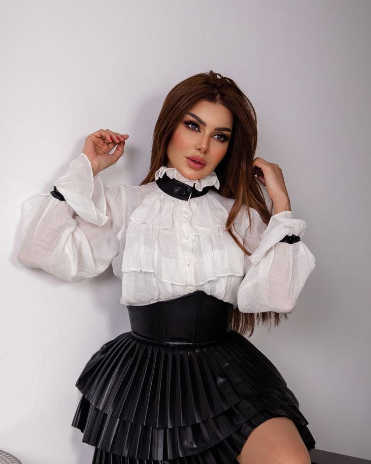 White & Leather Ruffle Collar Shirt - CHADAN