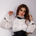 White & Leather Ruffle Collar Shirt